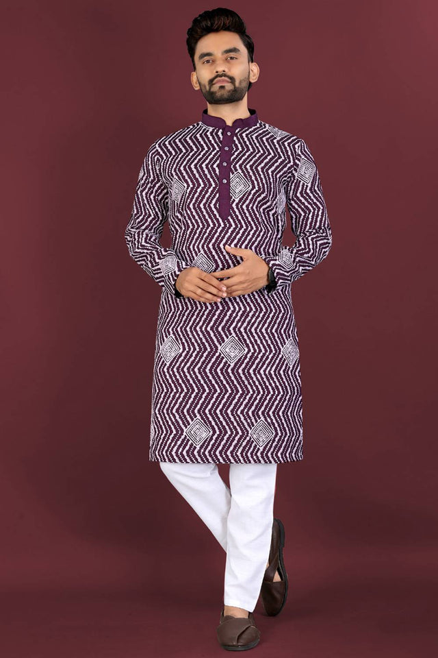 Mens Violet Embroidered Silk Kurta Pajama Set