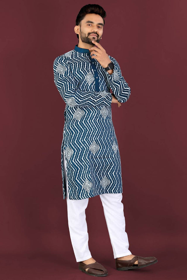 Mens Royal Blue Embroidered Silk Kurta Pajama Set