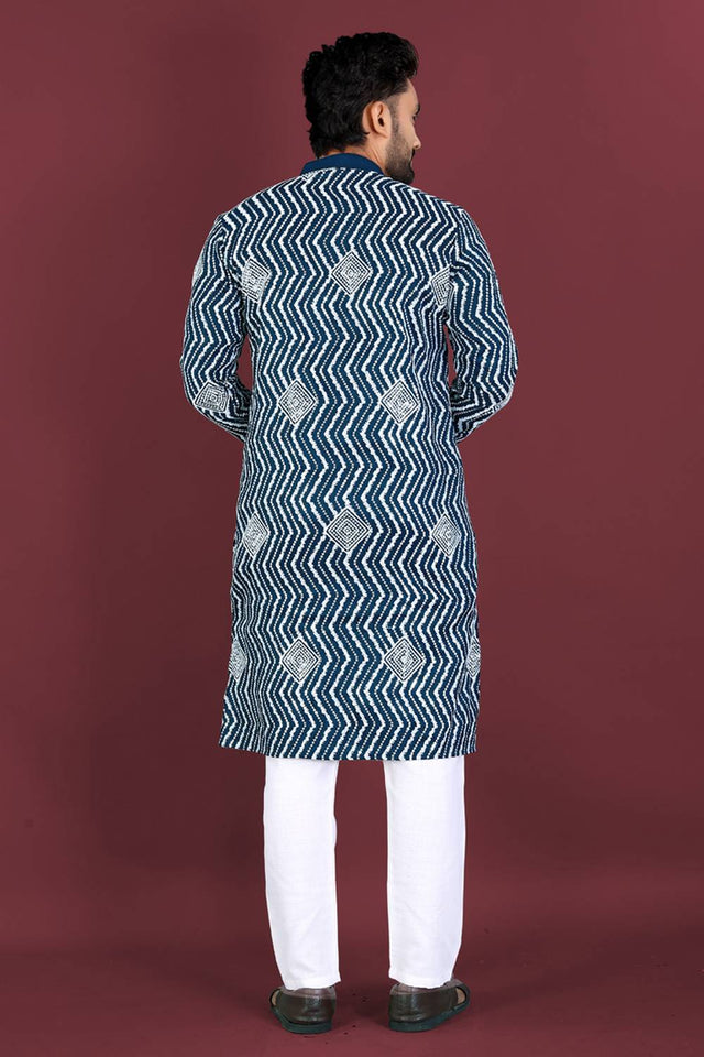 Mens Royal Blue Embroidered Silk Kurta Pajama Set