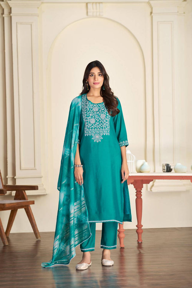 Turquoise Embroidered Silk Kurti Pant Set