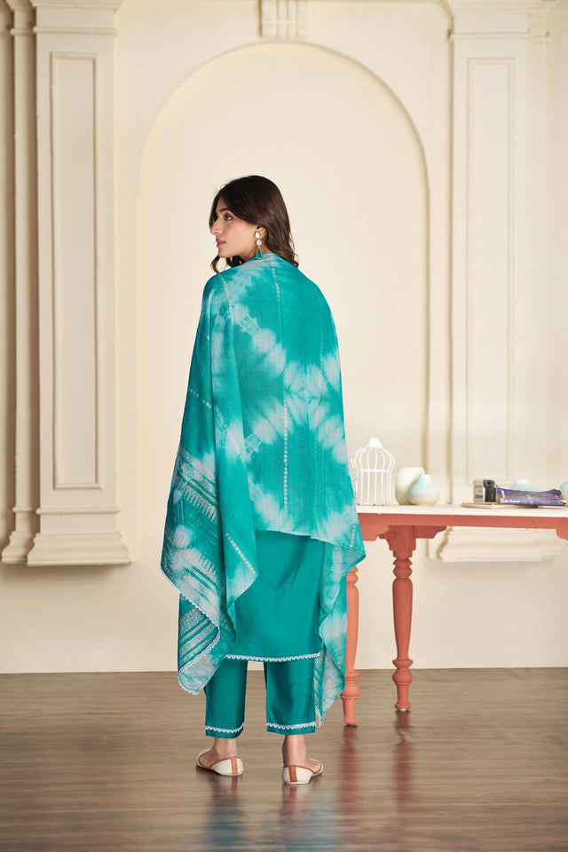 Turquoise Embroidered Silk Kurti Pant Set