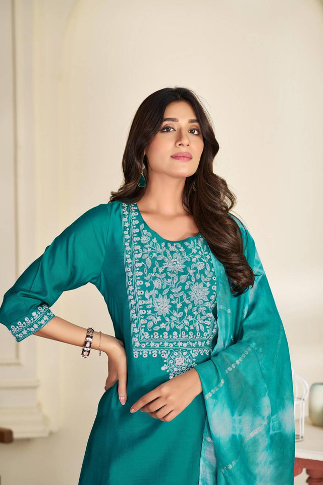 Turquoise Embroidered Silk Kurti Pant Set