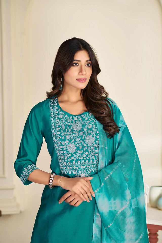 Turquoise Embroidered Silk Kurti Pant Set