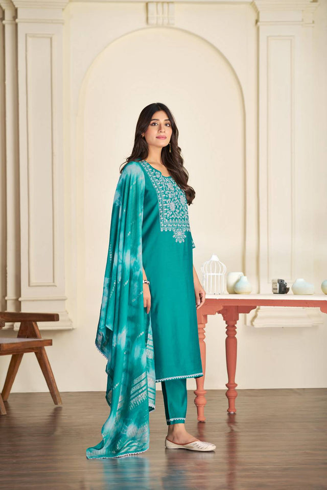 Turquoise Embroidered Silk Kurti Pant Set
