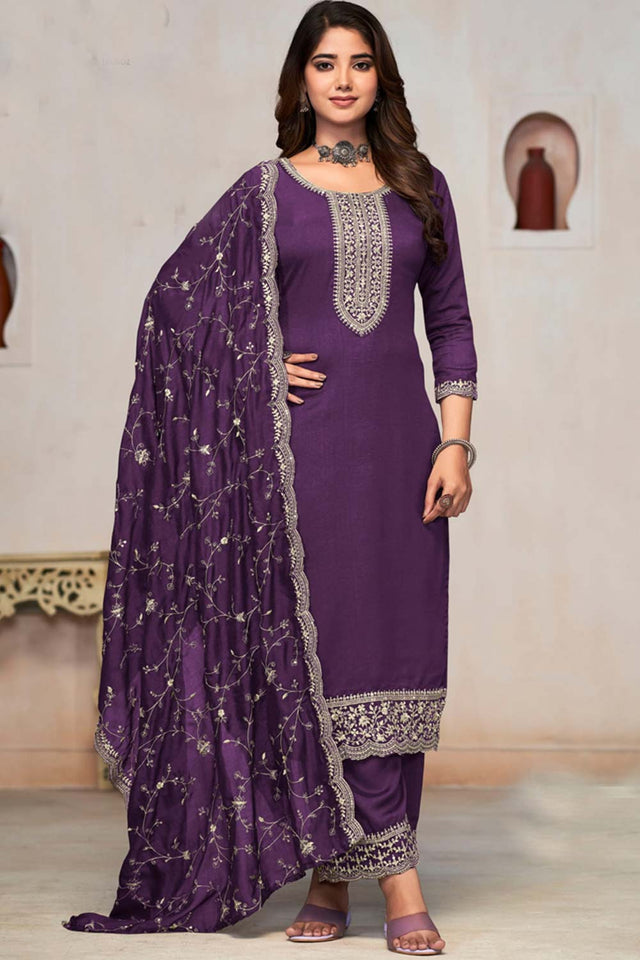 Purple Silk Embroidered Round Neck Sharara Suit Set (sonal-3021)
