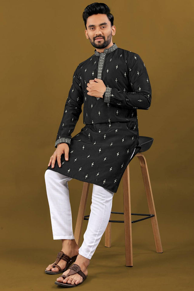 Mens Black Embroidered Silk Kurta Pajama Set