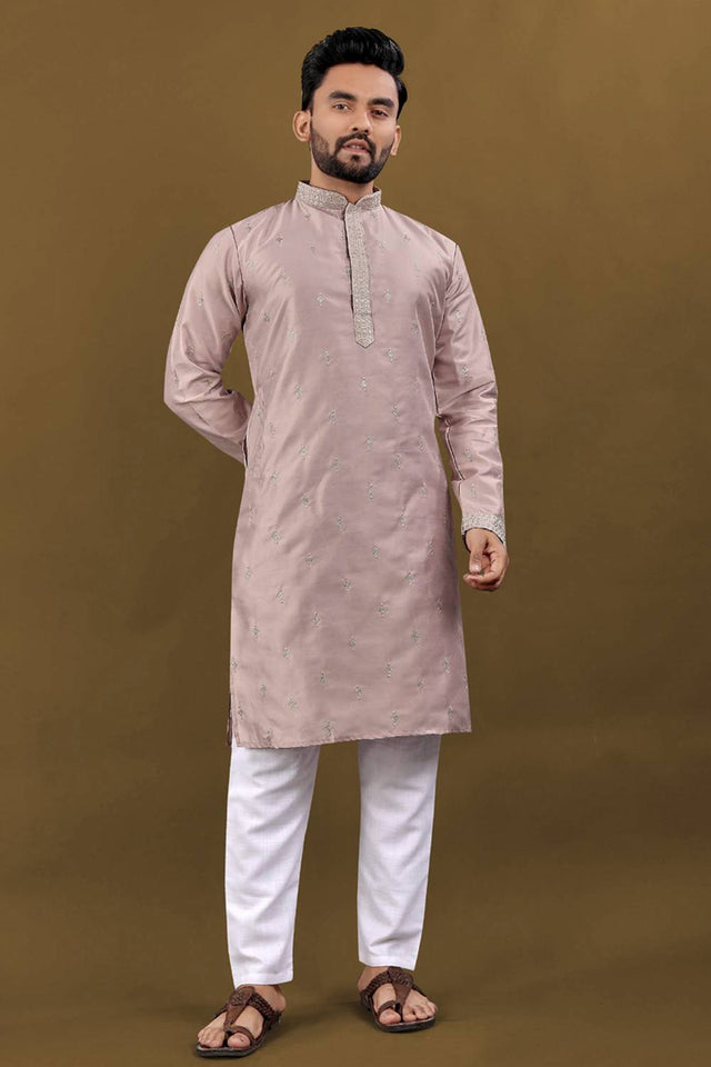 Mens Pink Embroidered Silk Kurta Pajama Set