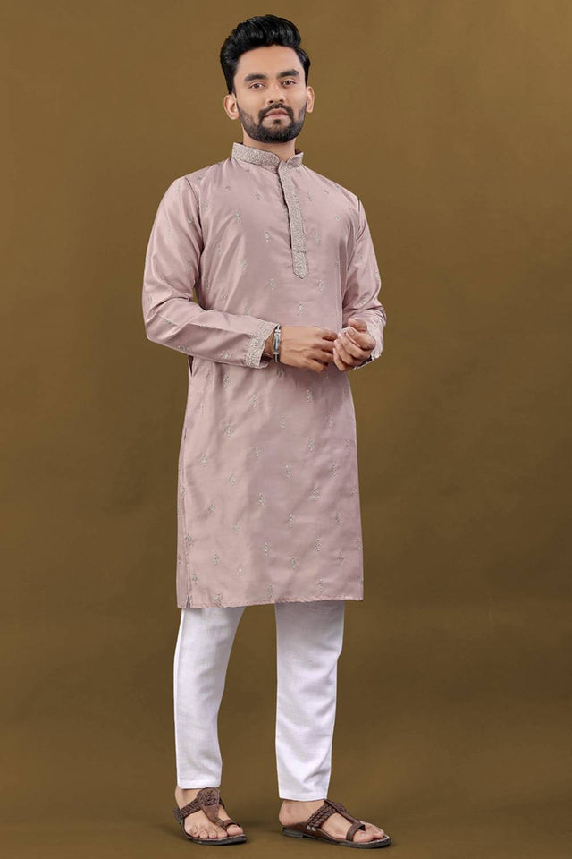 Mens Pink Embroidered Silk Kurta Pajama Set