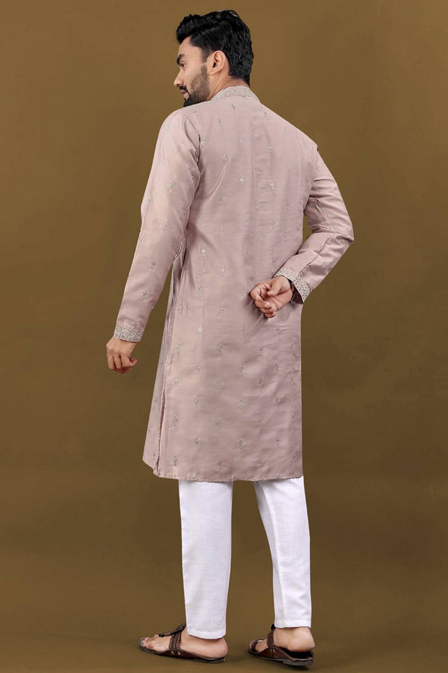 Mens Pink Embroidered Silk Kurta Pajama Set
