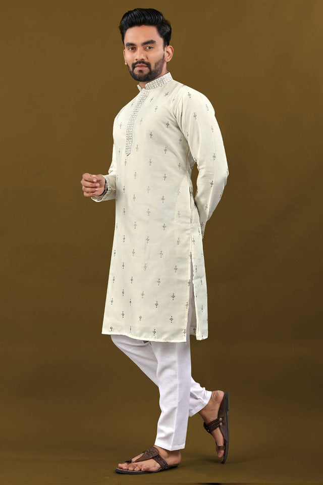 Mens Off White Embroidered Silk Kurta Pajama Set