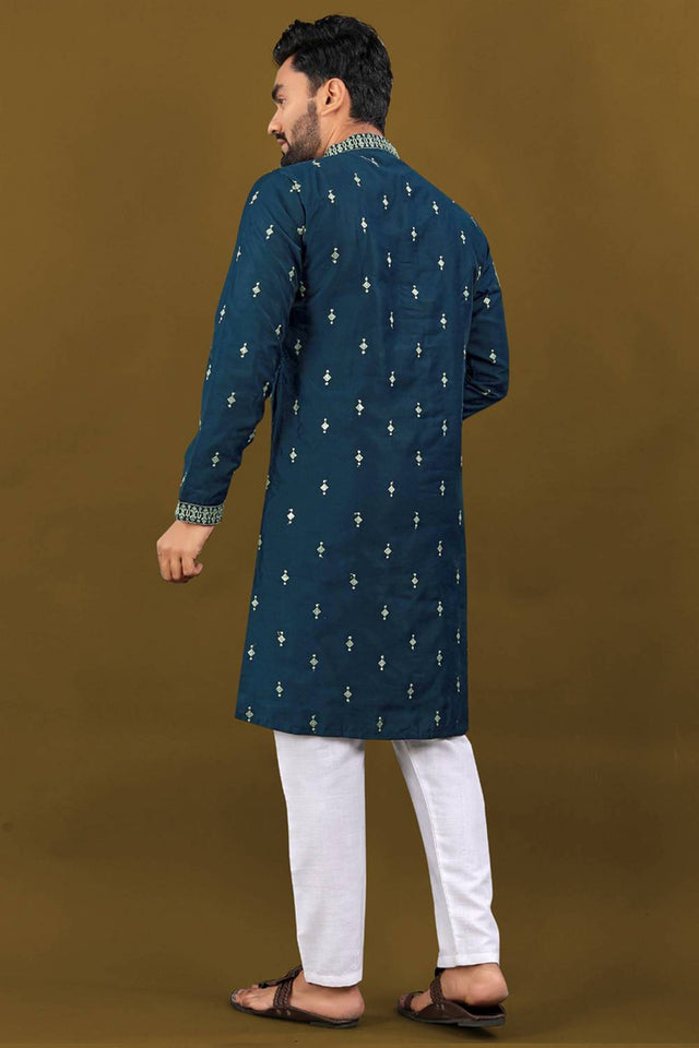 Mens Royal Blue Embroidered Silk Kurta Pajama Set
