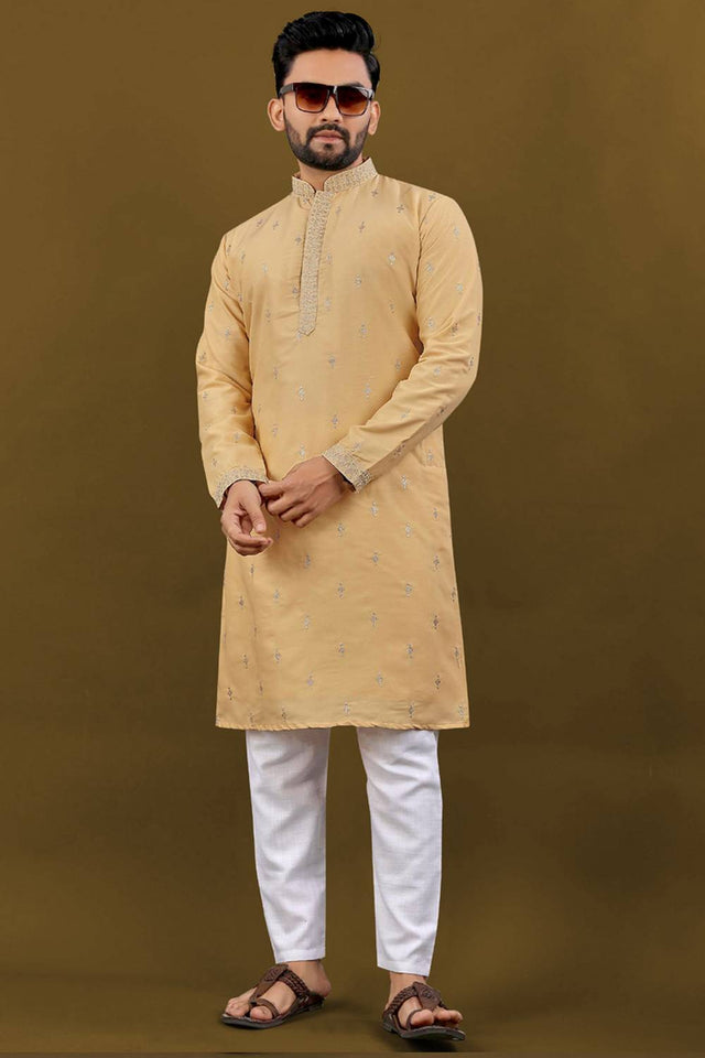 Mens Yellow Embroidered Silk Kurta Pajama Set