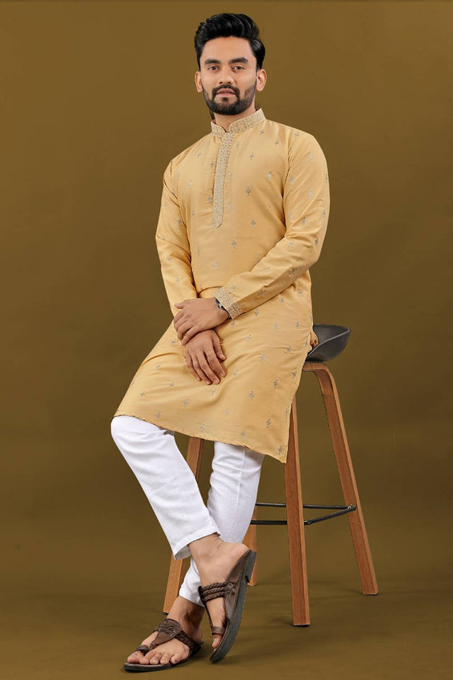 Mens Yellow Embroidered Silk Kurta Pajama Set