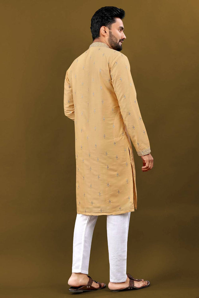 Mens Yellow Embroidered Silk Kurta Pajama Set