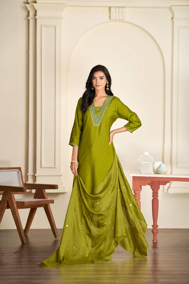 Green Solid Silk Kurti Pant Set