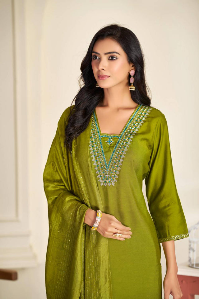 Green Solid Silk Kurti Pant Set