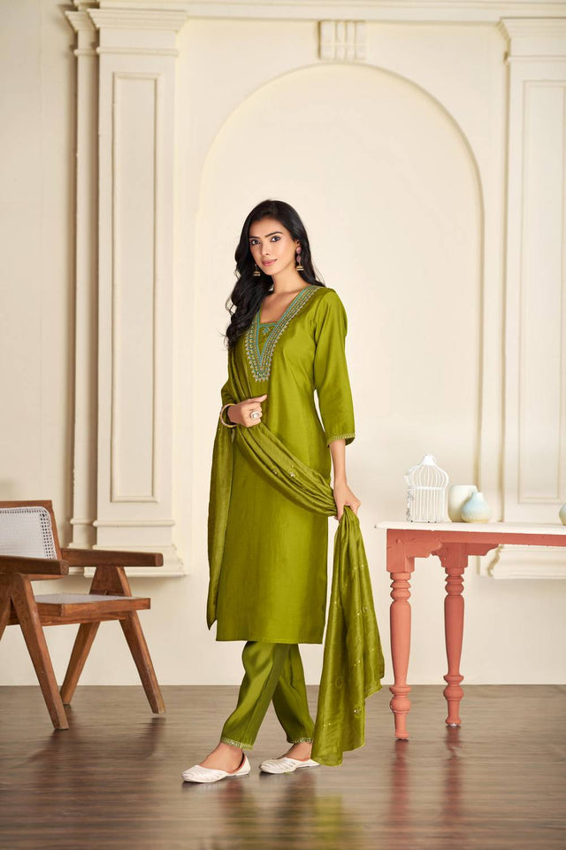 Green Solid Silk Kurti Pant Set