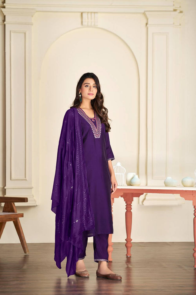 Violet Solid Silk Kurti Pant Set