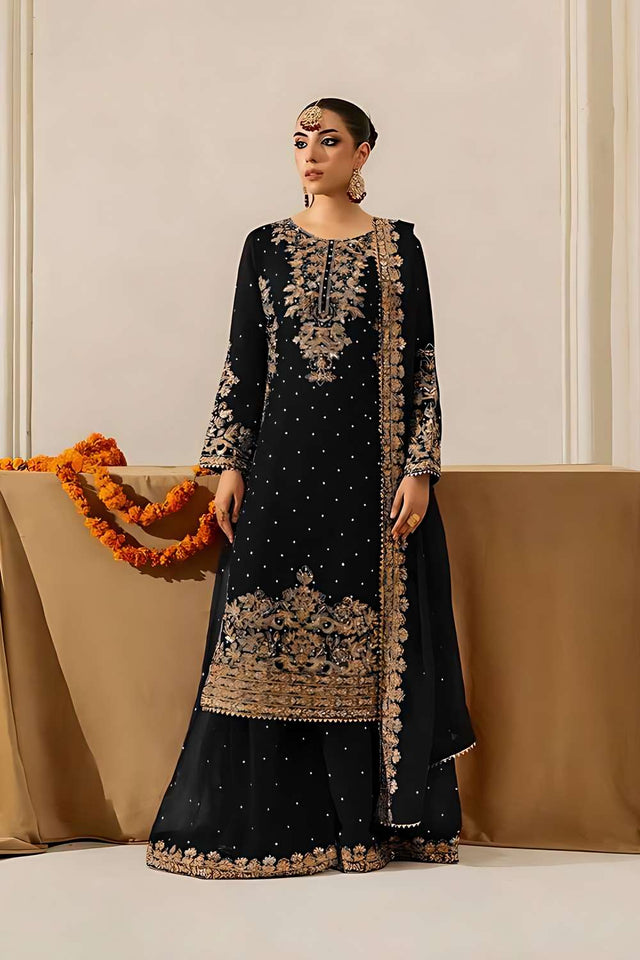 Black Sequin Georgette Palazzo Suit Set