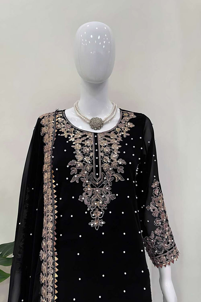 Black Sequin Georgette Palazzo Suit Set