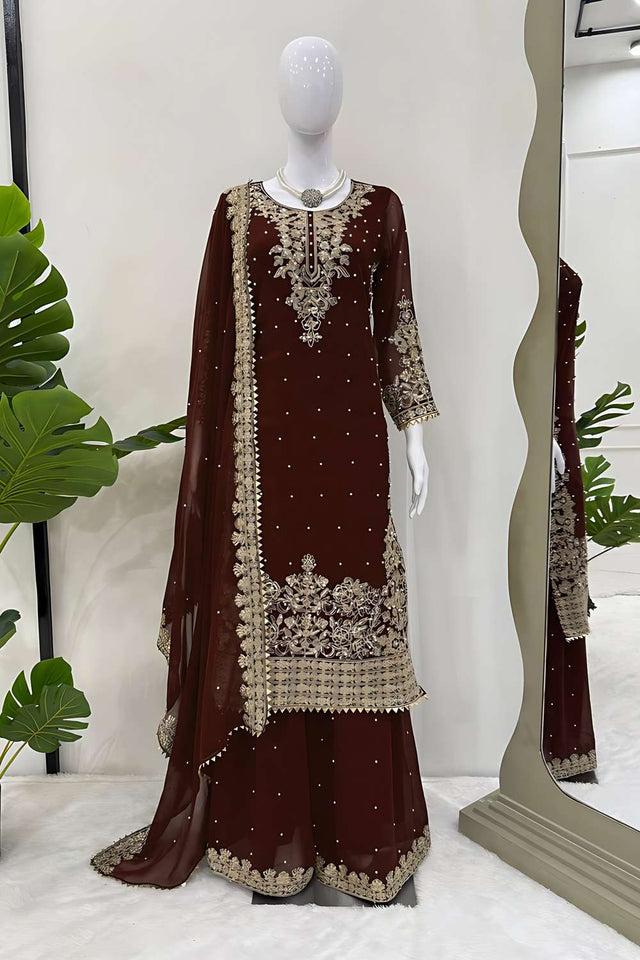 Coffee Sequin Georgette Palazzo Suit Set