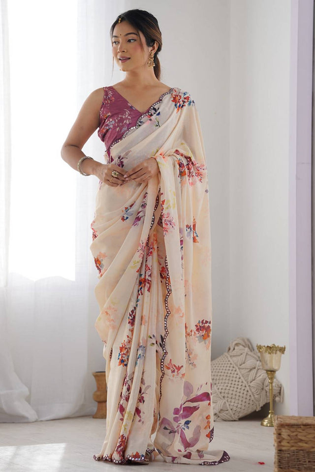 Cream Floral Printed Art Silk Saree