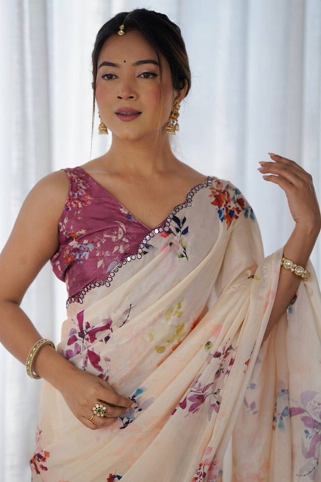 Cream Floral Printed Art Silk Saree