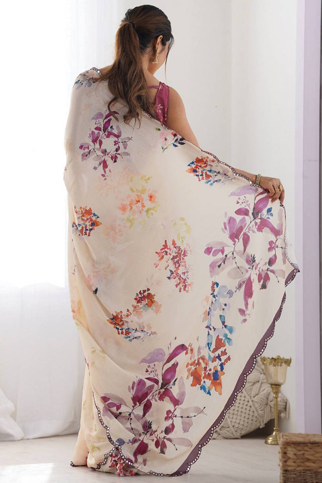 Cream Floral Printed Art Silk Saree