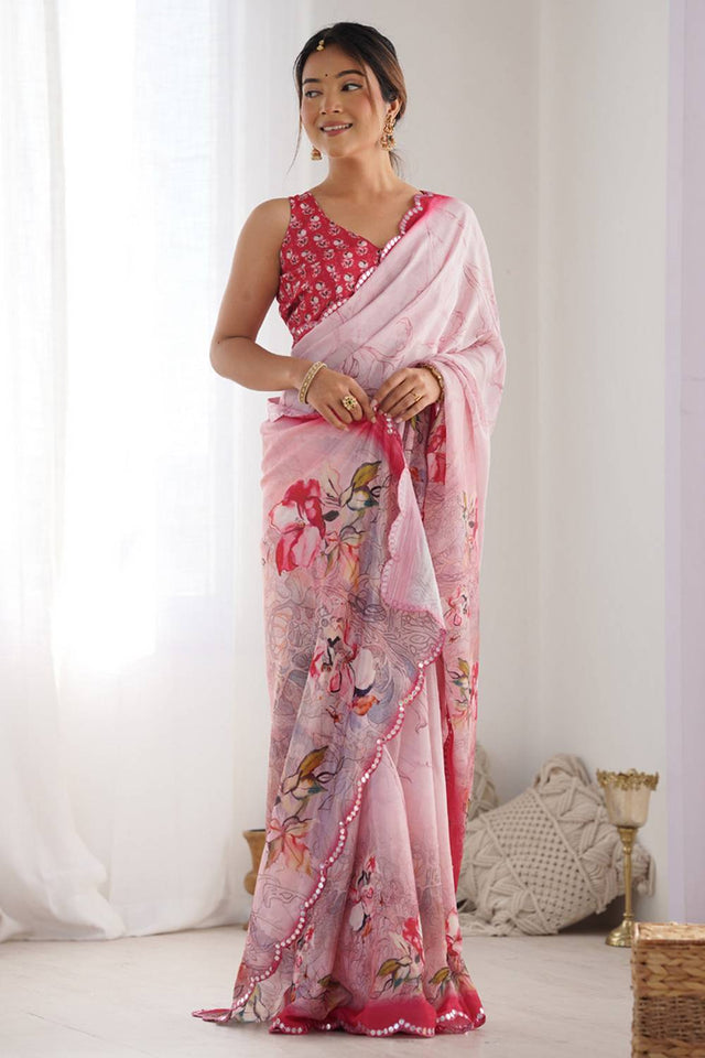 Light Pink Floral Printed Art Silk Saree