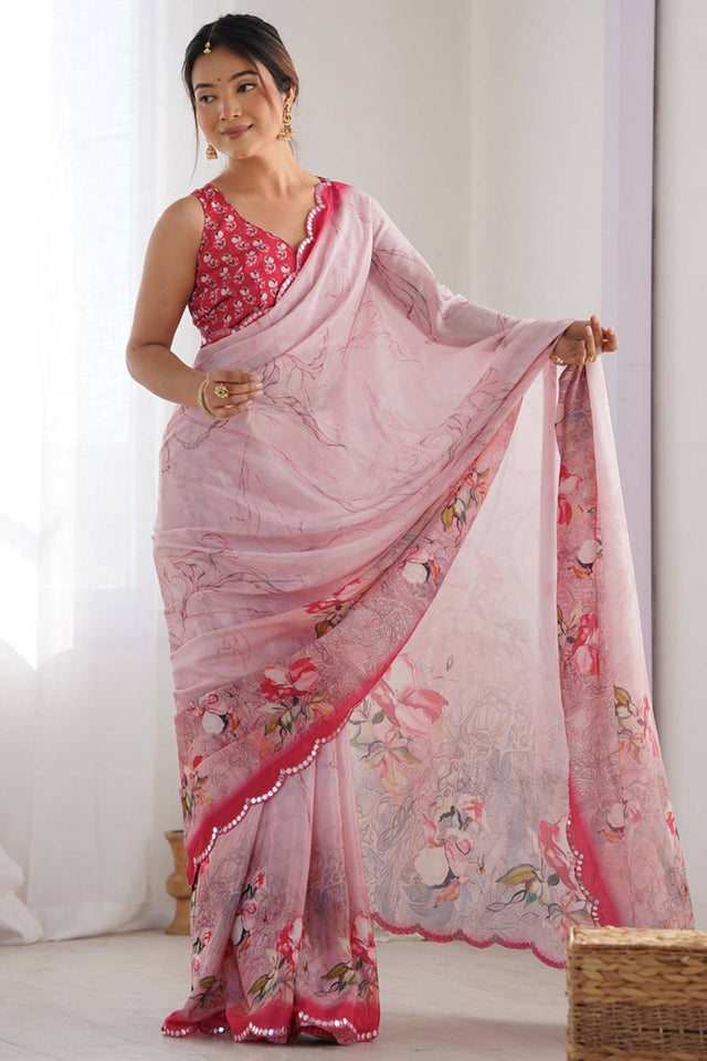 Light Pink Floral Printed Art Silk Saree