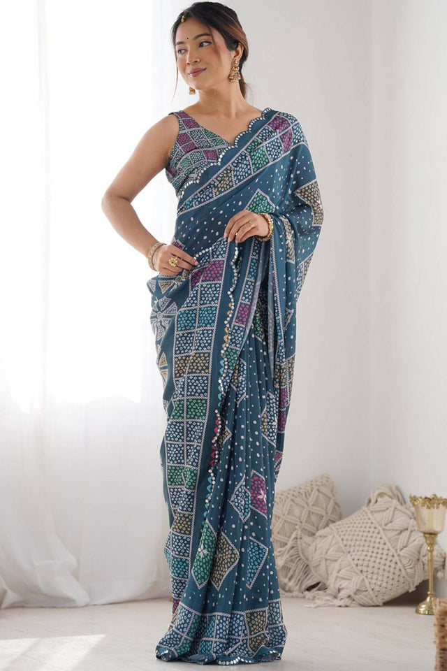 Blue Bandhani Printed Art Silk Saree