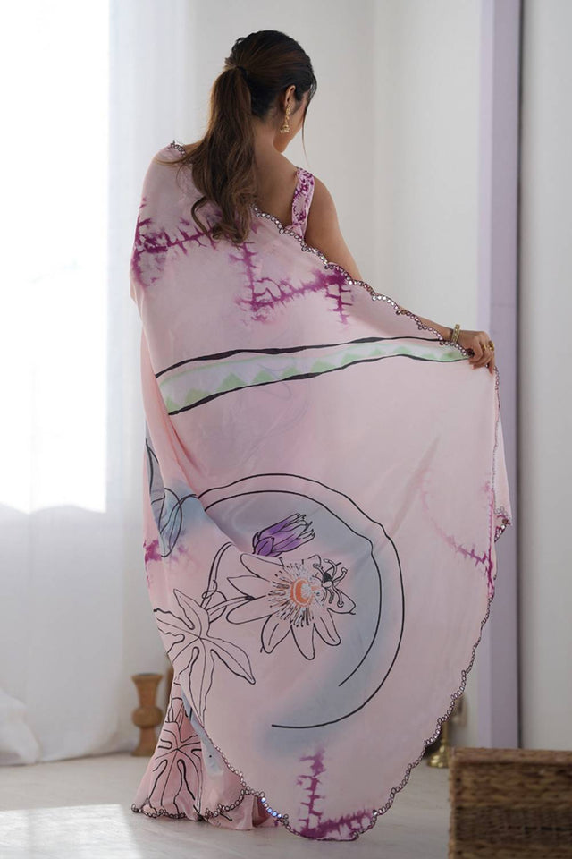 Light Pink Floral Printed Art Silk Saree