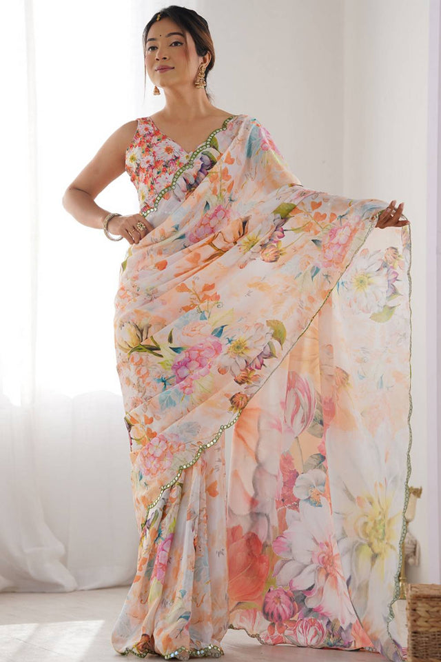 Off White Floral Printed Art Silk Saree