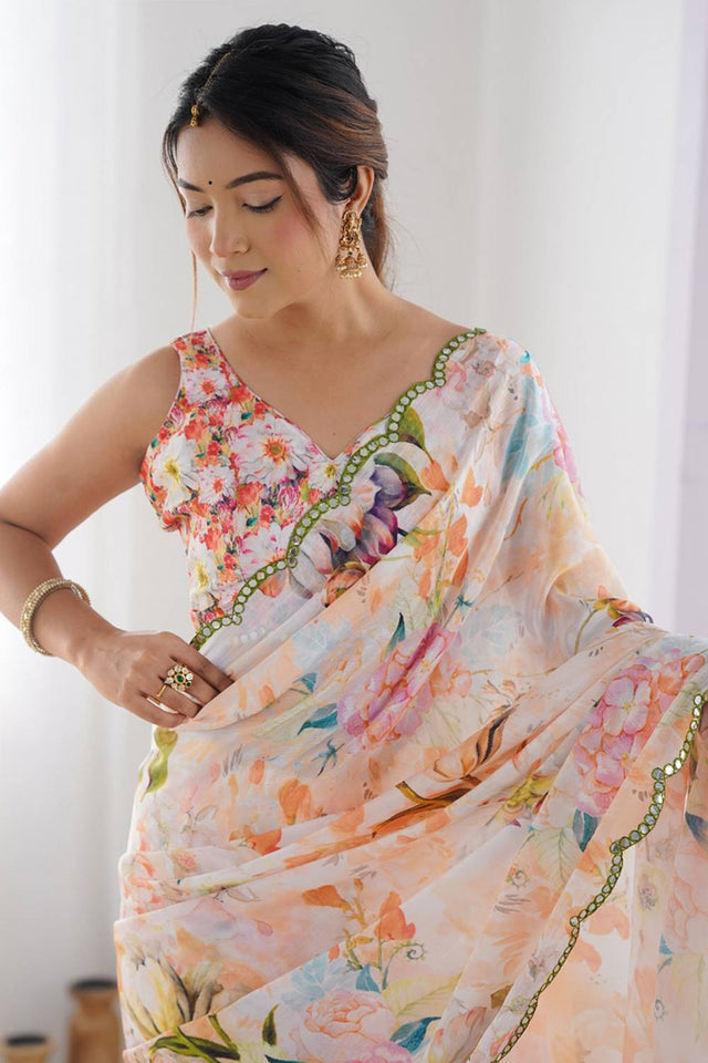 Off White Floral Printed Art Silk Saree