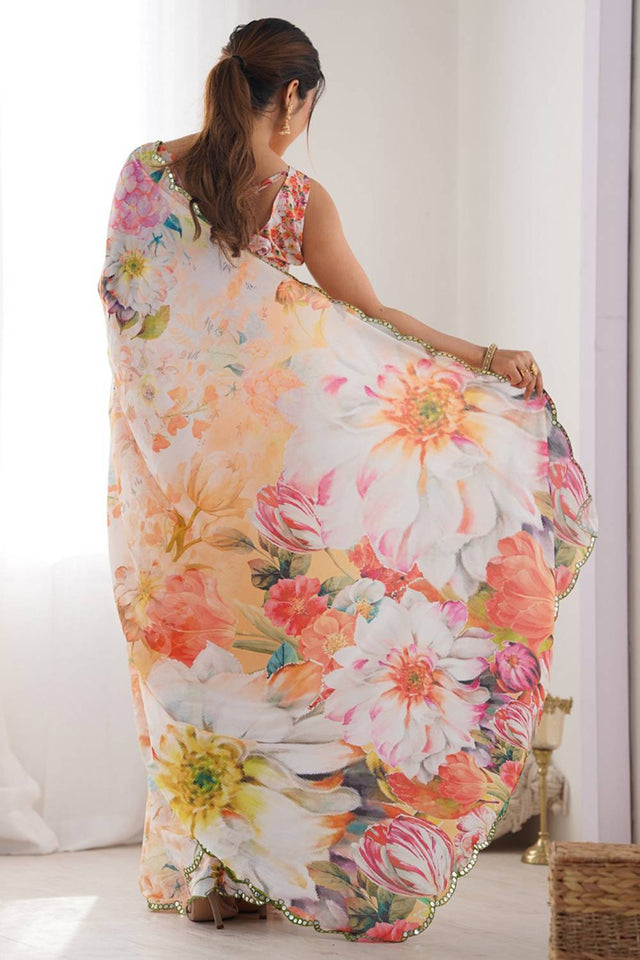 Off White Floral Printed Art Silk Saree