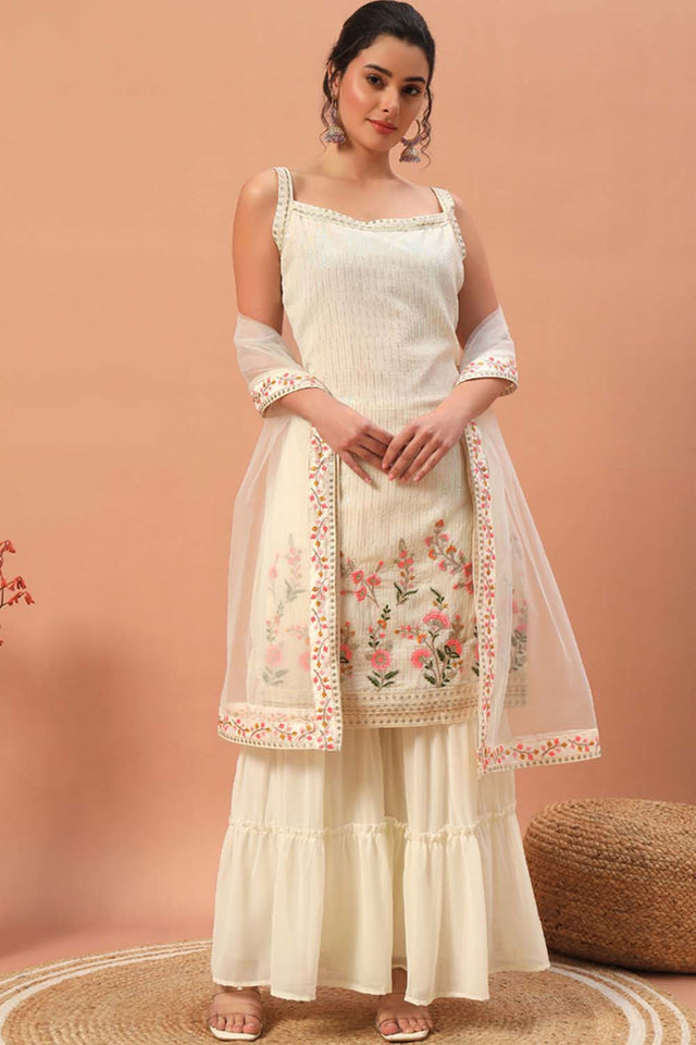 White Embroidered Georgette Sharara Suit Set