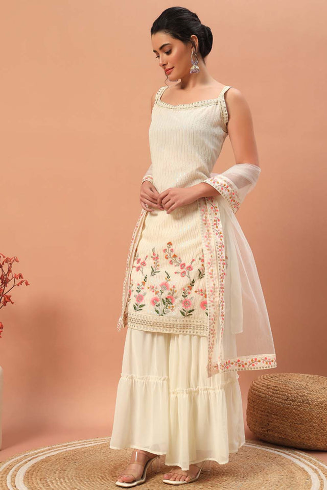 White Embroidered Georgette Sharara Suit Set