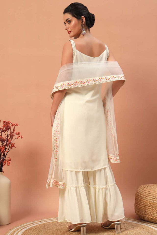 White Embroidered Georgette Sharara Suit Set