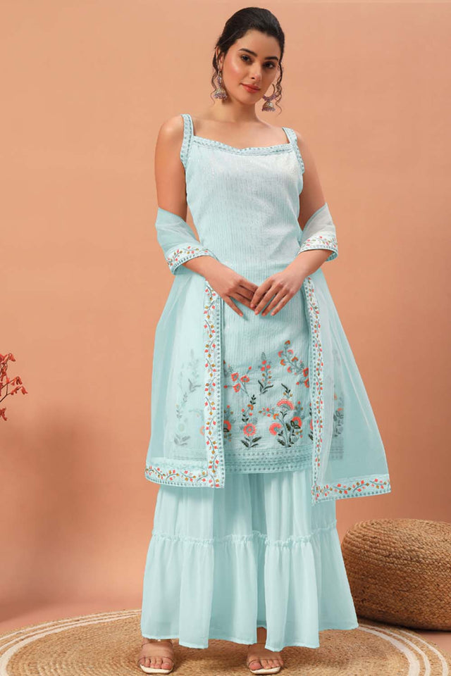 Blue Embroidered Georgette Sharara Suit Set