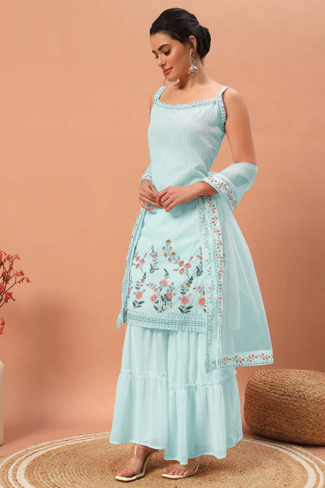 Blue Embroidered Georgette Sharara Suit Set