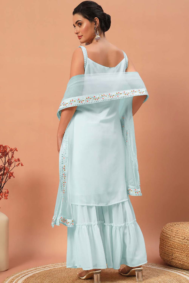 Blue Embroidered Georgette Sharara Suit Set