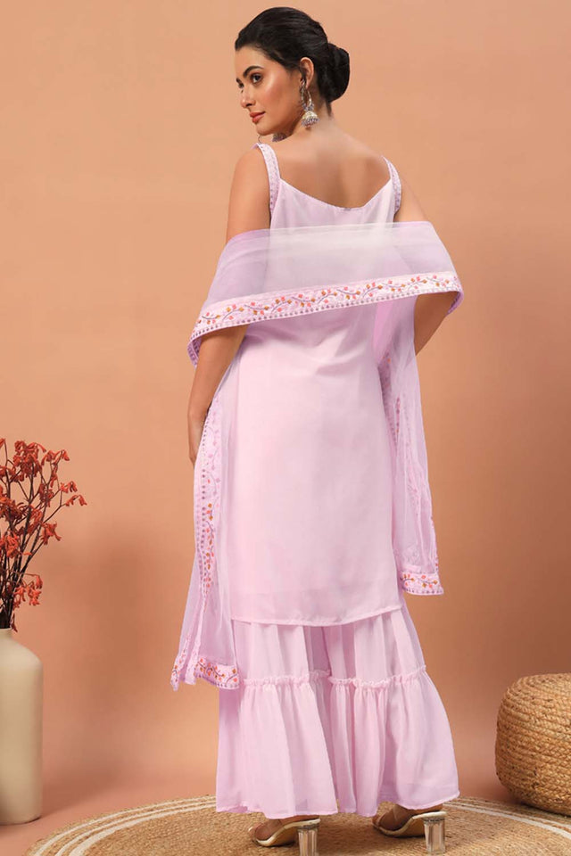 Pink Embroidered Georgette Sharara Suit Set
