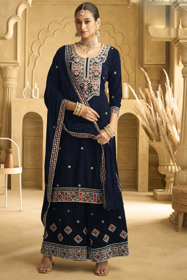 Navy Blue Sequin with Embroidered Velvet Palazzo Suit Set