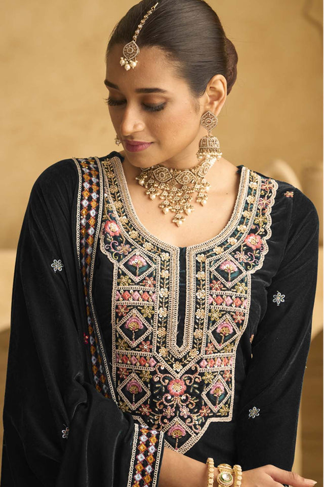Black Sequin with Embroidered Velvet Palazzo Suit Set