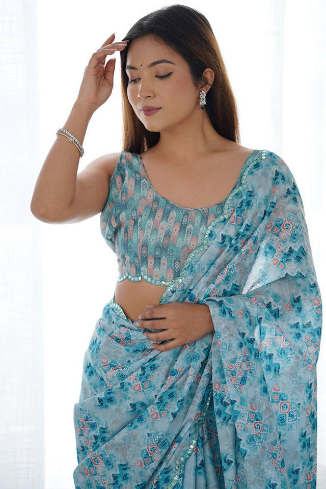 Blue Printed Art Silk Saree