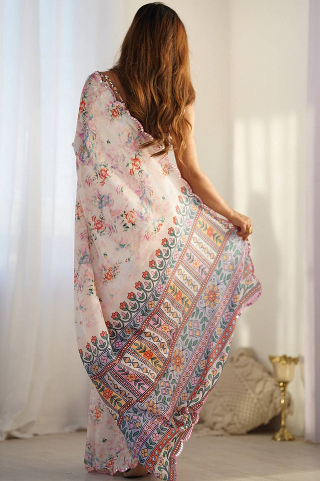 Off White Floral Printed Art Silk Saree