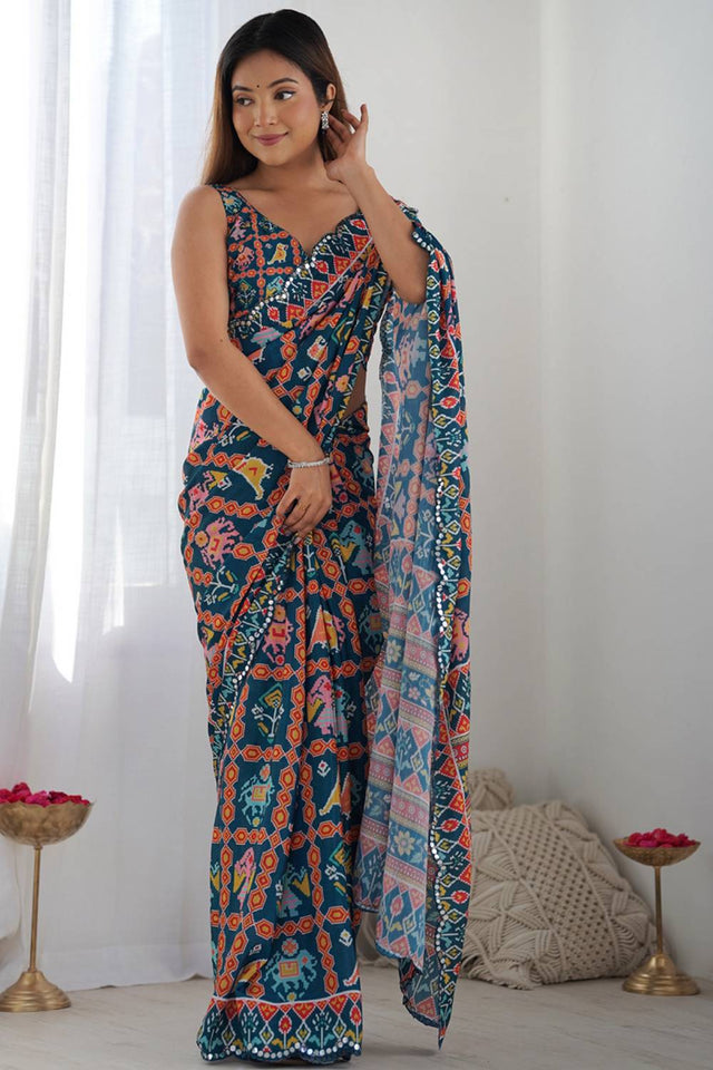 Blue Printed Art Silk Saree