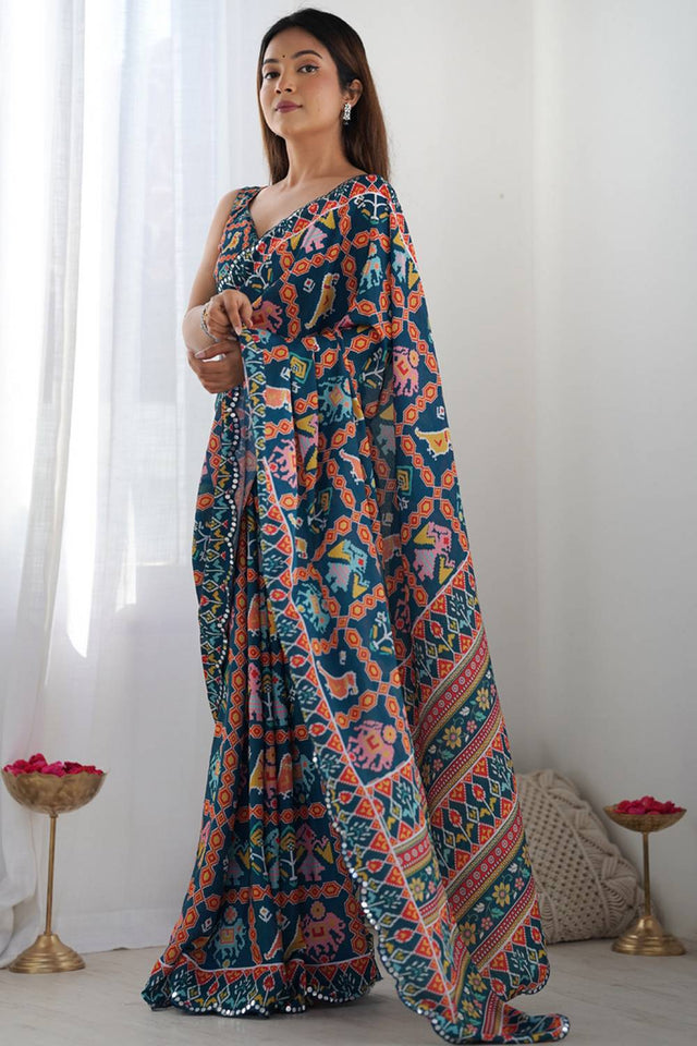 Blue Printed Art Silk Saree