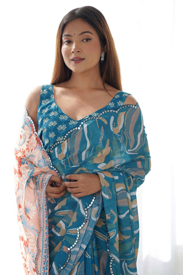 Light Blue Floral Printed Art Silk Saree