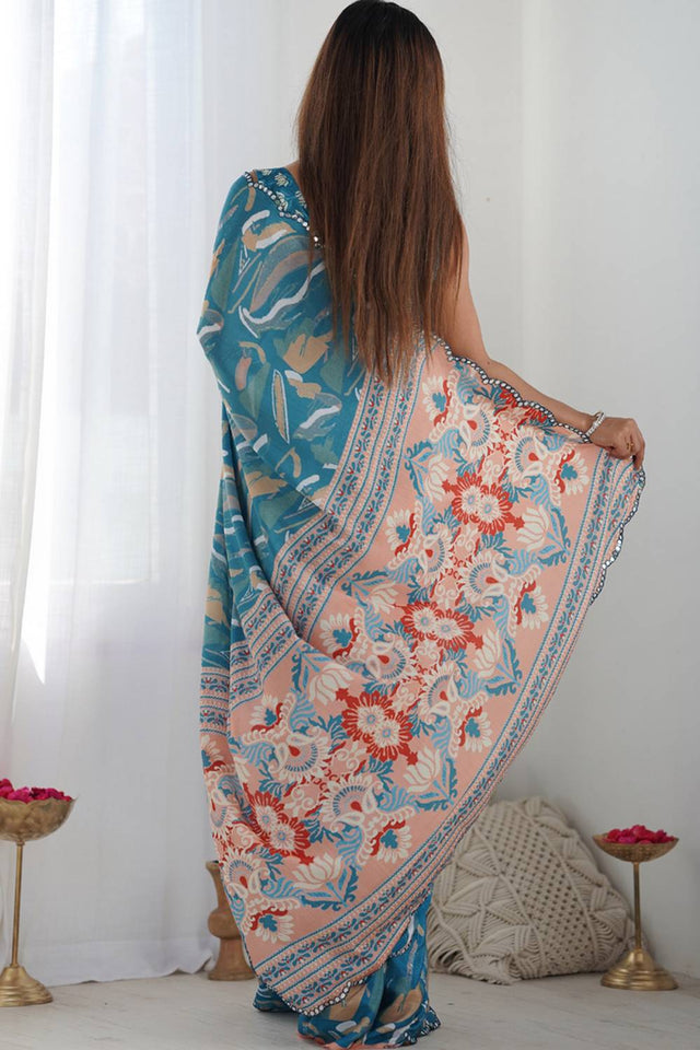 Light Blue Floral Printed Art Silk Saree